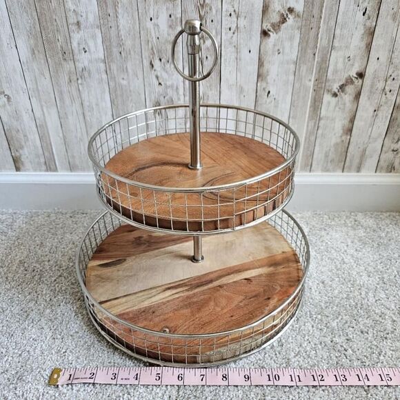 Wood Tiered Tray 2-Tiered Tray Decorative Fruit Dessert Stand With Metal Handle - Picture 1 of 6